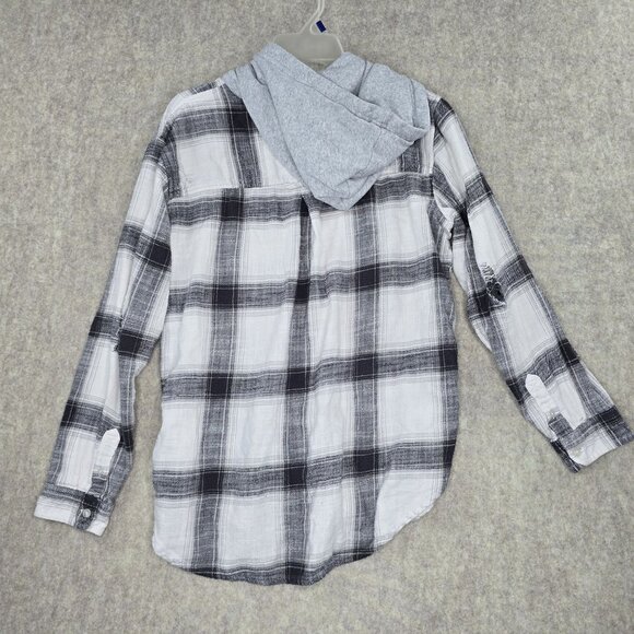 American Eagle Hooded Plaid Button-Up Shirt Black/White Size M Cotton Blend - Picture 2 of 9